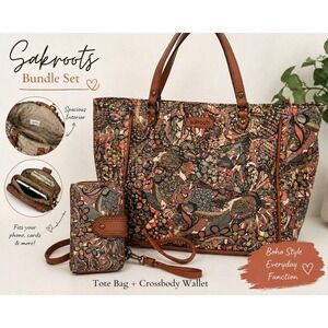 Sakroots Boho Tote Bag + Matching Crossbody Wallet Set Floral Print Canvas Leath